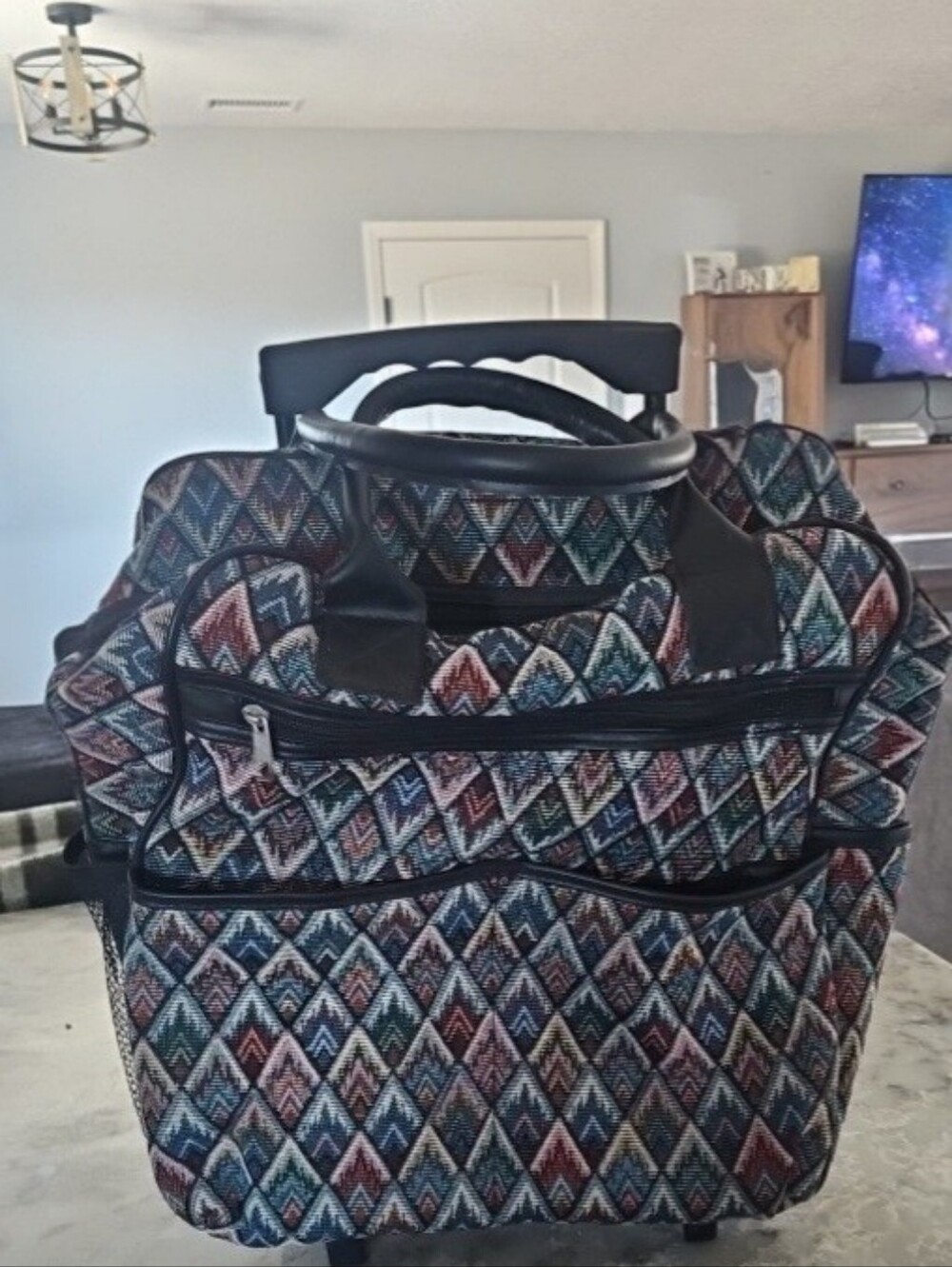 Vintage 90s Tapestry Rolling Duffel Bag Chevron Geometric Wheel Luggage CarryOn
